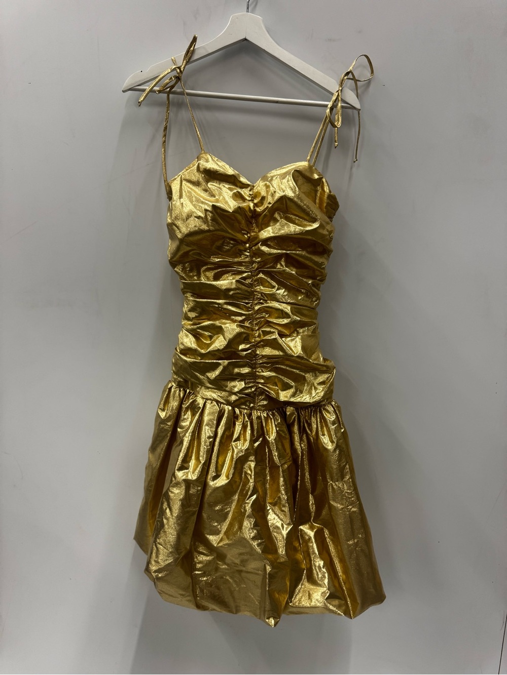 Metallic Gold Ruched Mini Dress with Tie Straps 90s Vintage Inspired